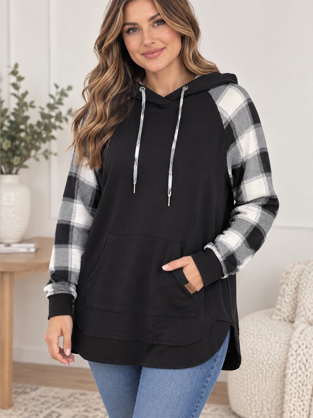 Maurices Plus Black Plaid Sleeve Sherpa Hood Tunic Hoodie NWT 2x